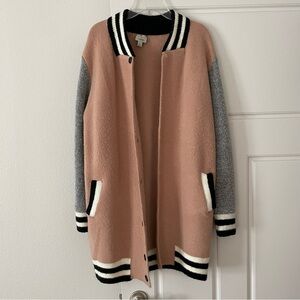 Women’s Pink and Gray Varsity Long Button Sweater Jacket